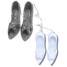 White and Silver Toned High Heel Shatterproof Glitter Ornaments, Shoe