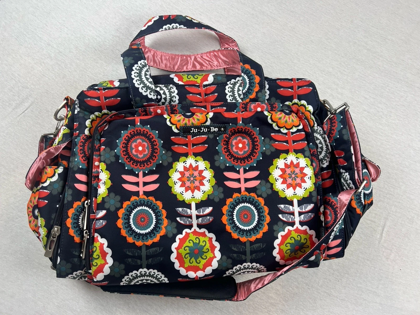 NWOT Ju-Ju-Be Be All Diaper Bag • Flower Power Print Pink Interior Changing Pad
