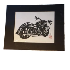 Hou-tien Cheng Master Chinese Paper Cutter Motorcycle Signed Matted 11x14 VTG