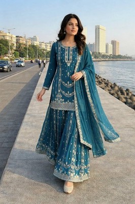 Launching Designer Chinnon Silk Kurta Palazzo With Dupatta For Wedding