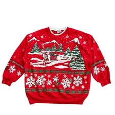 Vintage Nutcracker Christmas Sweatshirt Red Sleigh Winter Scene Puff Print L/XL