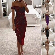 Women Party Wear Off Shoulder Sequined Evening Dress Prom Gown Sleeveless