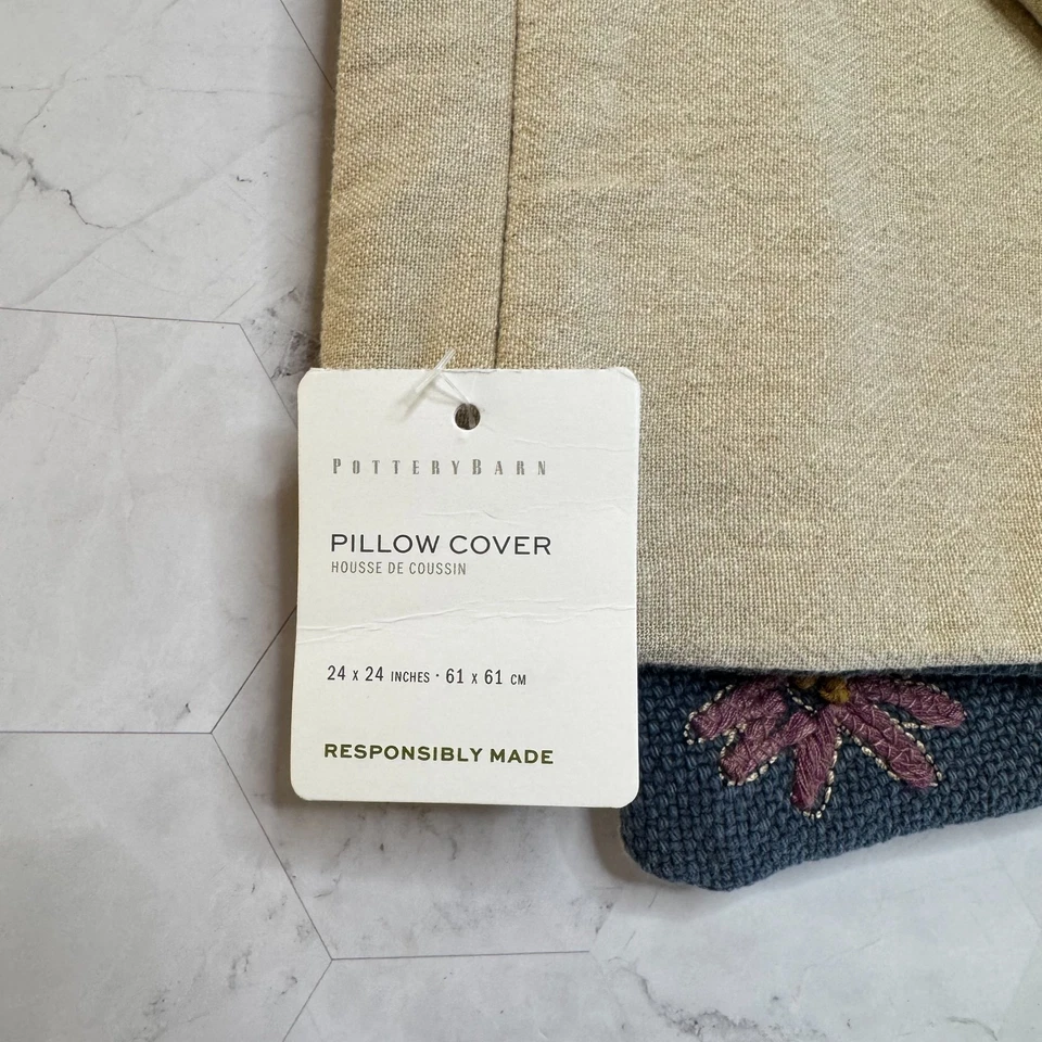 NWT Pottery Barn Christa Blue Floral 100% Cotton Embroidered 24" Pillow Cover - Image 4 of 4