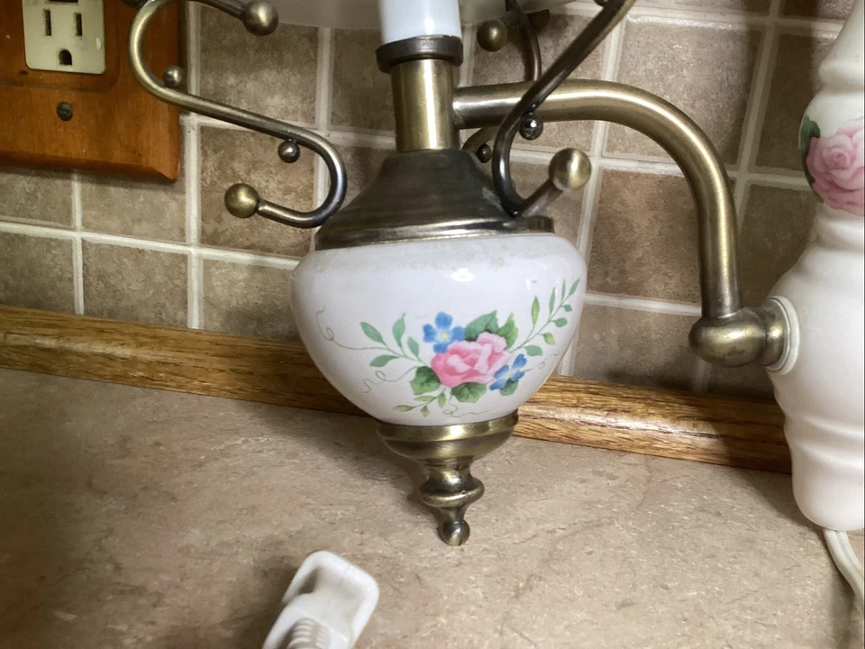 Vintage Wall Malt Glass Light- White Base w/Pink Roses, Brass-13” Tall - Image 2 of 4