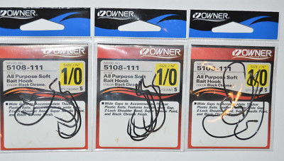 3 packs owner all purpose soft bait wide gap hooks size 1/0 5 per pack 5108-111