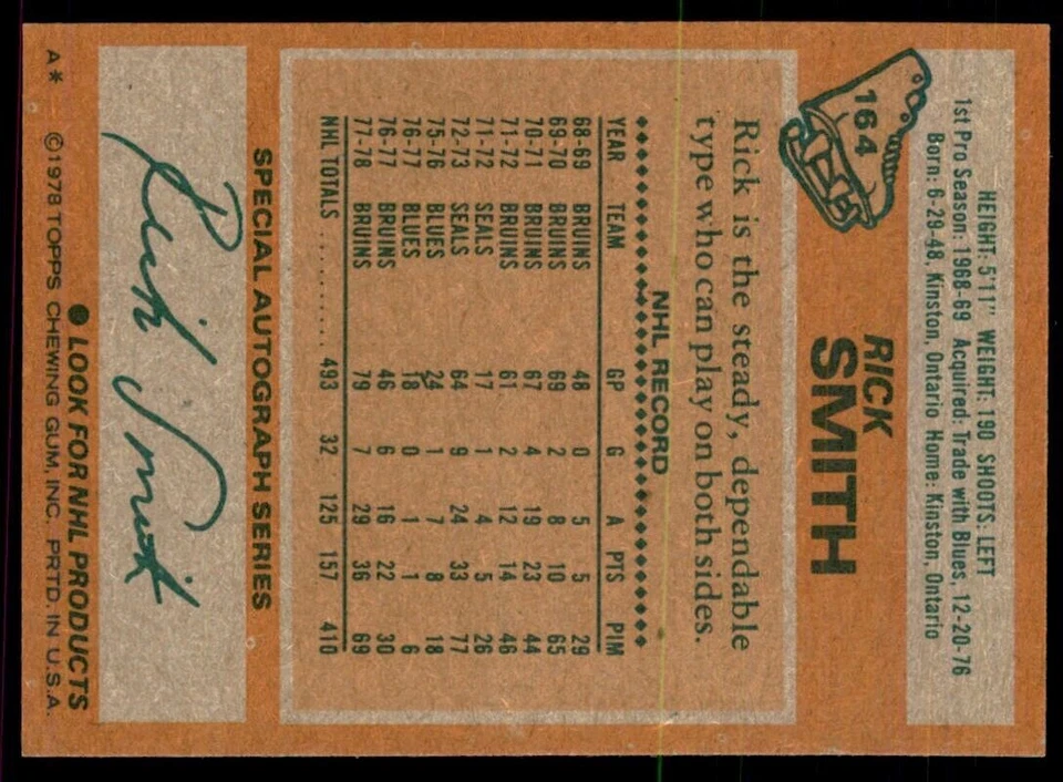 1978-79 Topps Hockey Cards Rick Smith Boston Bruins #164 - Image 2 of 2