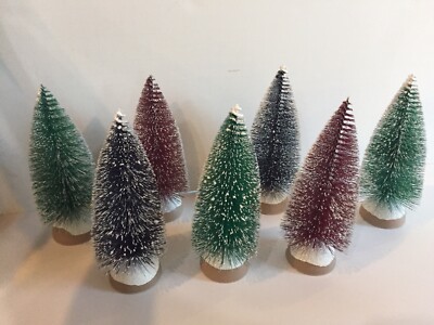 Bottle Brush Flocked Grove Of Christmas Trees Vintage Style Tri Color Set-7