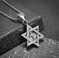 Men’s 18K Gold Plated Star Of David With Cross Necklace In Silver!