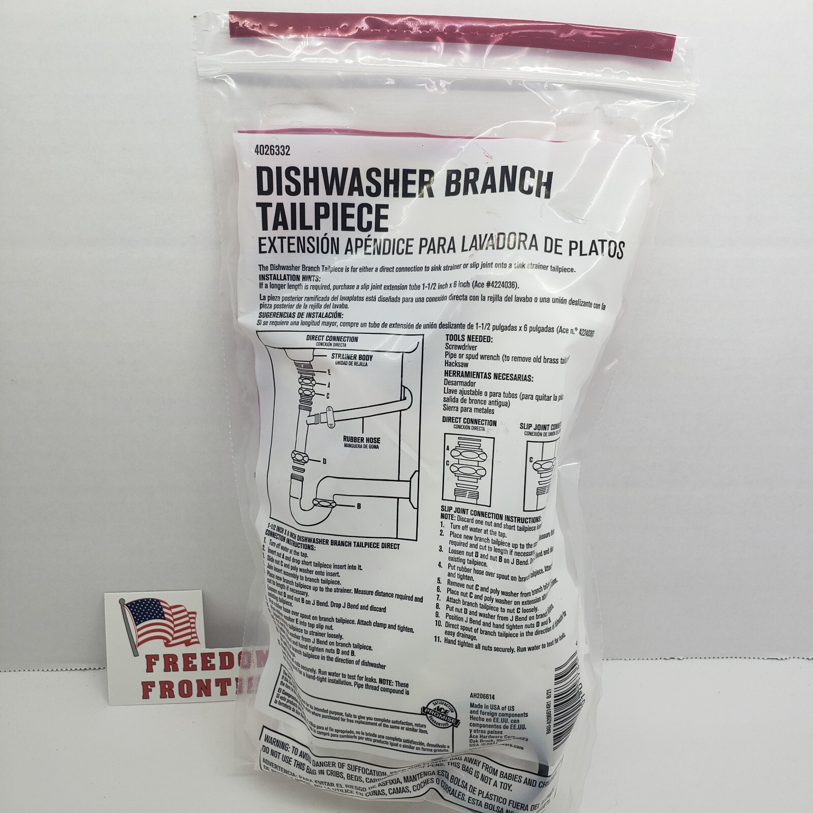 ACE Dishwasher Branch Tailpiece Slip Joint or Direct Connect 11/2