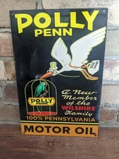 VINTAGE POLLY PENN MOTOR OIL PORCELAIN GAS STATION PUMP SIGN 12" X 8"