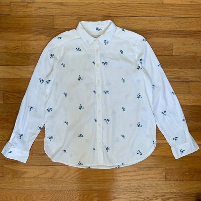 Ann Taylor Loft white linen blend button down embroidered floral detail SP