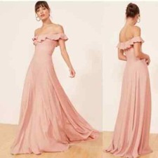 Reformation Blush Pink Verbena Ruffled Off the Shoulder Maxi Gown Dress Size 10