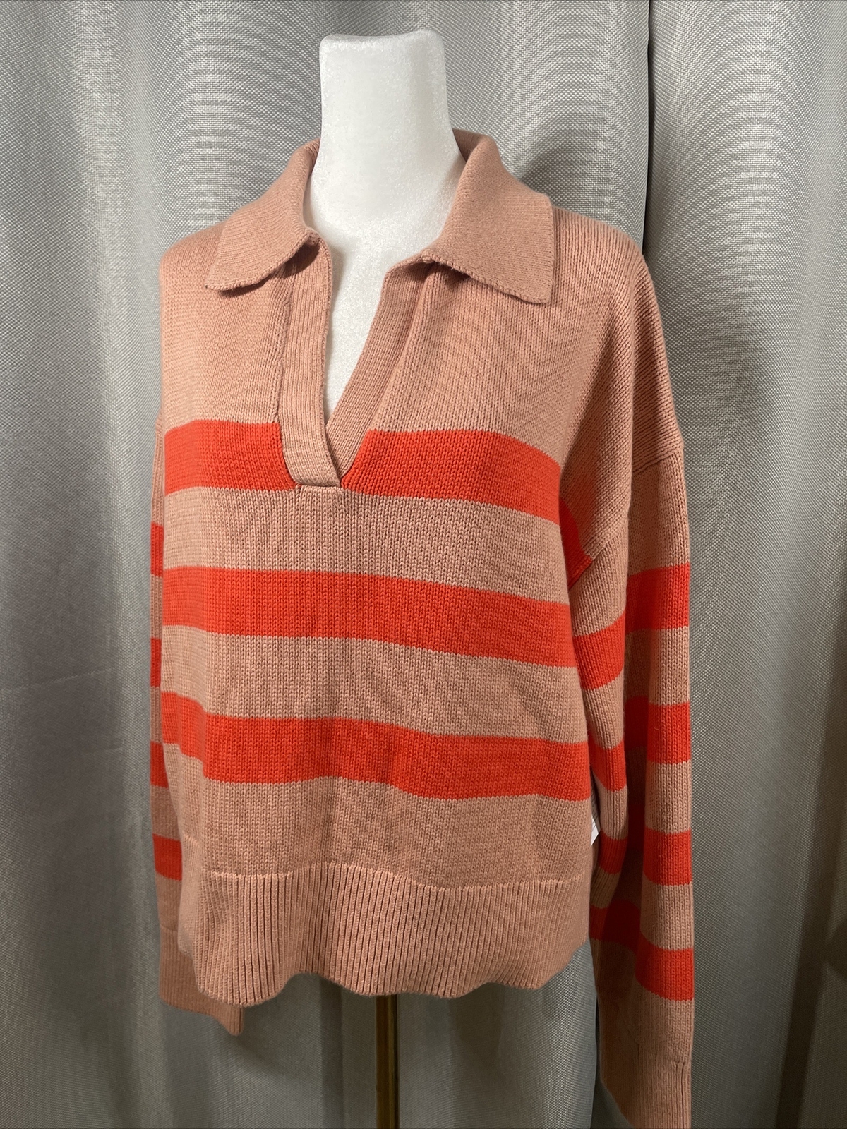 Velvet Graham Spencer Large Lucie05 Pink/Flame Stripe Collared Sweater NWT