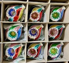 9 LARGE Shiny Brite Christmas Ornaments Radko Tulip Reflector Indents Bright