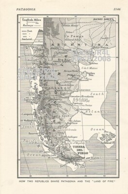PATAGONIA ENGLISH MILES RAILWAYS SEA LEVEL  c 1926 MAP ILLUSTRATION PRINT