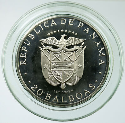 1973 PANAMA Huge Vintage Proof Silver 20 Balboas Coin w SIMON