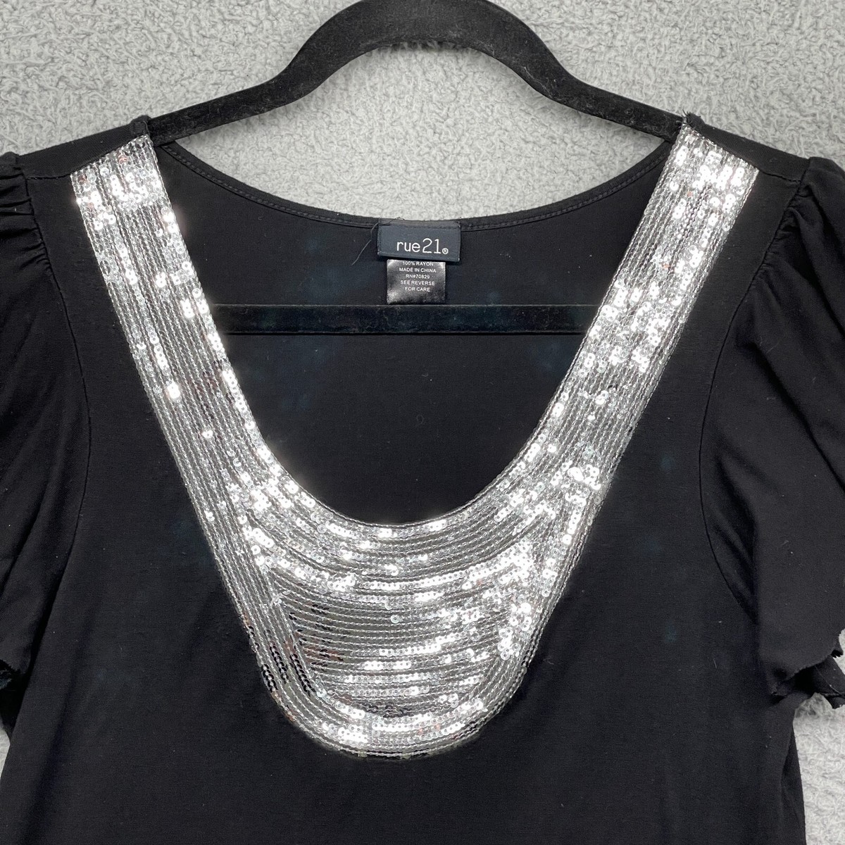 Rue21 Womens Blouse Black Silver Sequin Short Flutter Sleeve Scoop - Main Image
