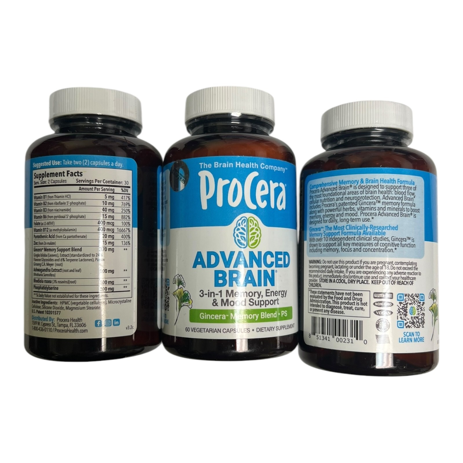 LOT OF 3 ProCera ADVANCED BRAIN 60 Capsules Memory & Focus EXP2026+ NEW SHIPPING