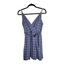 URBAN OUTFITTERS Blue Plaid Linen Blend Sleeveless Deep V Faux Wrap Dress Sz M