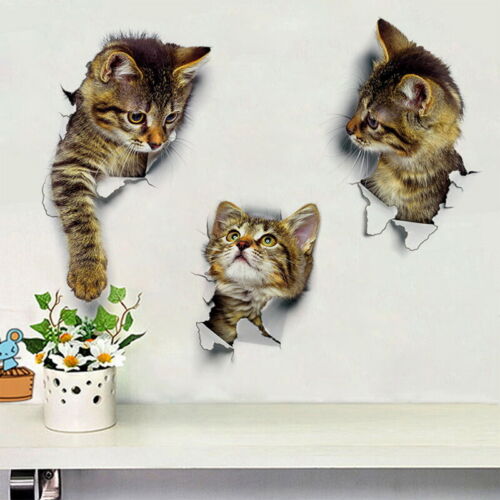 Wall Sticker Vinyl Cute 3D Kitten Cat Bedroom Fridge Decal Home Mural Art Decor - Picture 1 of 16