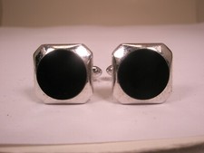 Black Stone Cabochon  Silver Tone Vintage SWANK Cuff Links simple plain