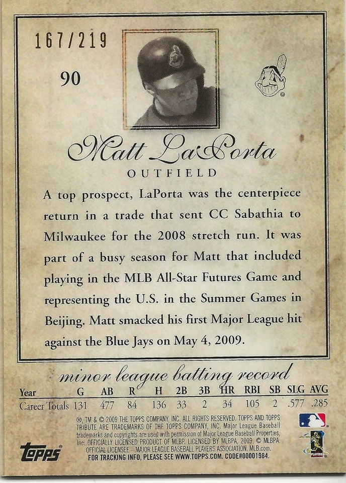 2009 Topps Tribute Matt LaPorta 167/219 Blue Parallel #90 - Image 2 of 2