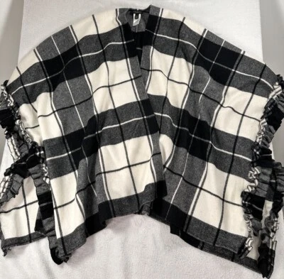 Talbots Poncho Wrap Ruana Plaid Wool Wrap Buffalo Plaid Black And White Womens - Image 1 of 4