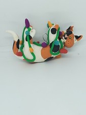 CALICO CAT Christmas Ornament TANGLED IN LIGHTS Stretching HAND MADE