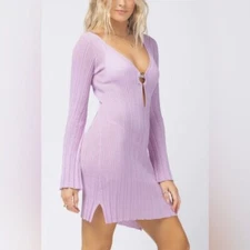 L*Space Weilea Cover Up Long Sleeve Linen Blend Dress in Peony Purple - XL
