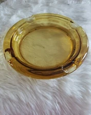 Vintage Heavy Thick Amber Glass Round Ashtray Cigar / Cigarette 8 inch