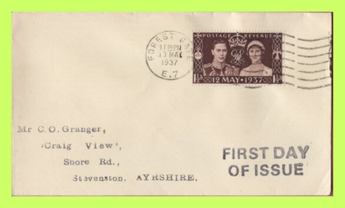 G.B. KGVI Couronnement 11/2j 1937 sur couverture simple premier jour, porte forêt