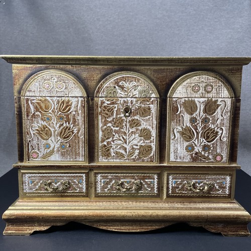 Vtg MCM Florentine Gold Gilt Wooden Jewelry Box Keepsake Carved Tulips Velveteen - Picture 8 of 24
