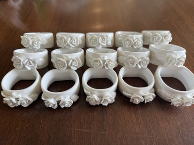 Vintage Set of 15 White Porcelain Napkin Rings w Rosettes Small Roses Dainty