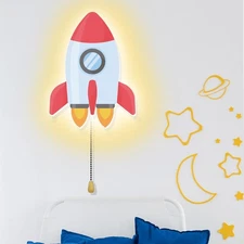 Space Rocket Night Light Wall Lamp Sleeping Nursery Lighting Cute Floating Ba...