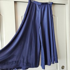 Vintage Handmade Wide Leg Culottes Pants High Waist Blue Satin 70s Hippie Flowy