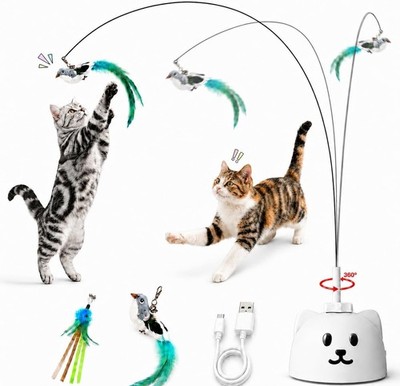 Interactive Cat Toy Automatic Flying Bird 360 Feather Wand USB Rechargeable Self
