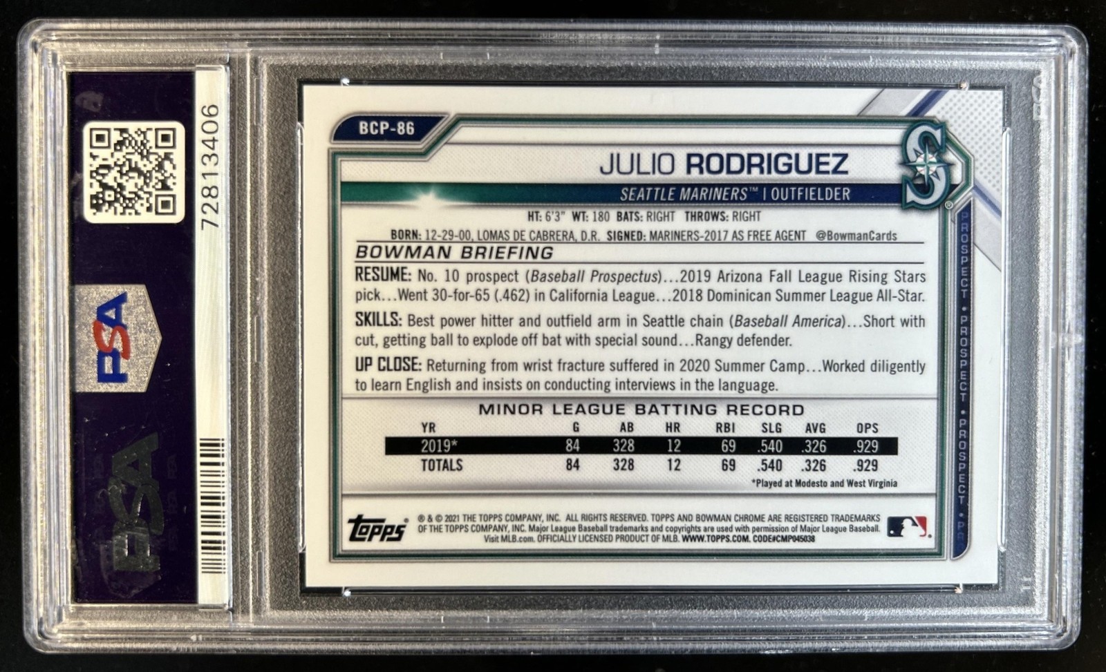2021 Bowman Sapphire Julio Rodriguez Chrome Green Refractor #/125 PSA 10 view 2
