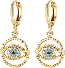Evil Eye Dangle Earring for Women Dainty 14K Gold Plated Lightweight Hinged Hoop