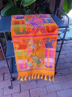 Guatemalan Mayan Aztec Colorful Bird Fringe Table Runner Hand Woven Tapestr