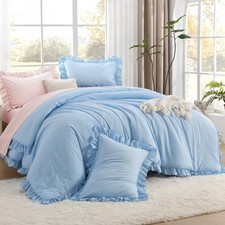 Full Size Comforter Sets, 3 Pieces Ruffle Farmhouse Full 79"x90" Light Blue