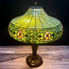 Vintage Tiffany Style Stained Glass Table Lamp Floral Green Art Nouveau 23”
