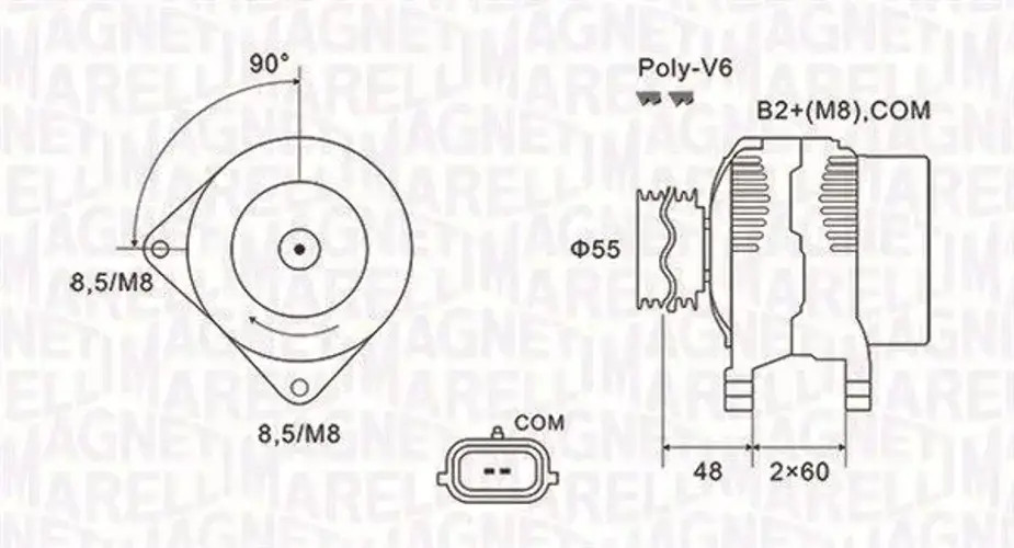 Alternator with freewheel belt pulley 063731974010 MAGNETI MARELLI for RENAULT