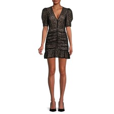 Saylor Reena Black Lace Plunge V-Neck Puff Sleeve Ruched Mini Dress Size Small