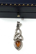 Vintage Sterling Silver Celtic Knot Baltic Amber Set Pendant Jewellery
