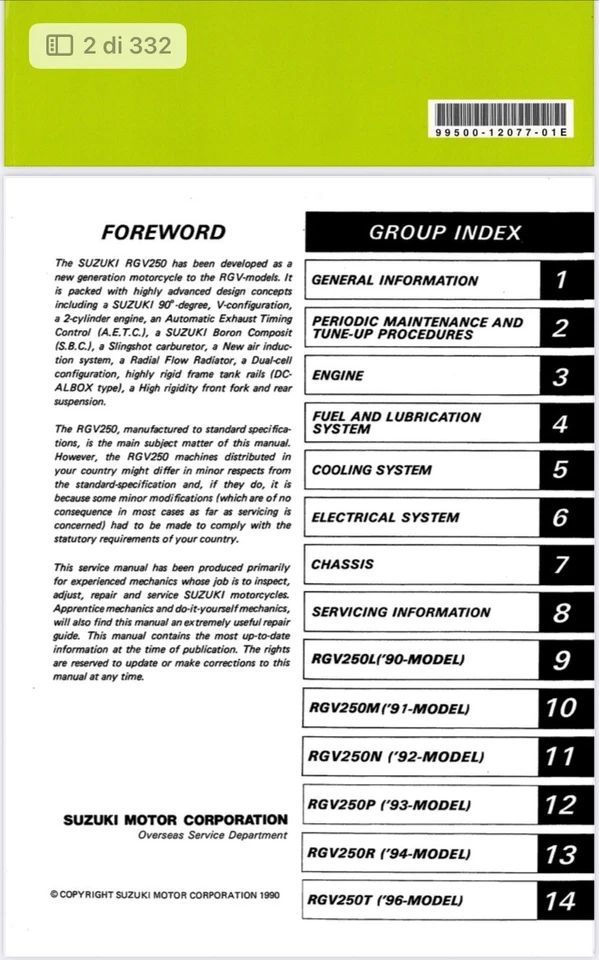 Manuale Officina Suzuki RGV Gamma 250 English - Immagine 2 di 4
