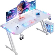 63 inch Gaming Desk with LED Lights, Computer Desk with Cup Holder  Mouse Pad