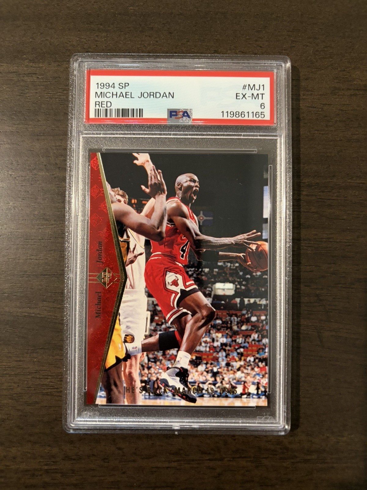 1994-1995 SP Michael Jordan Red PSA 6 “He’s Back” view 1