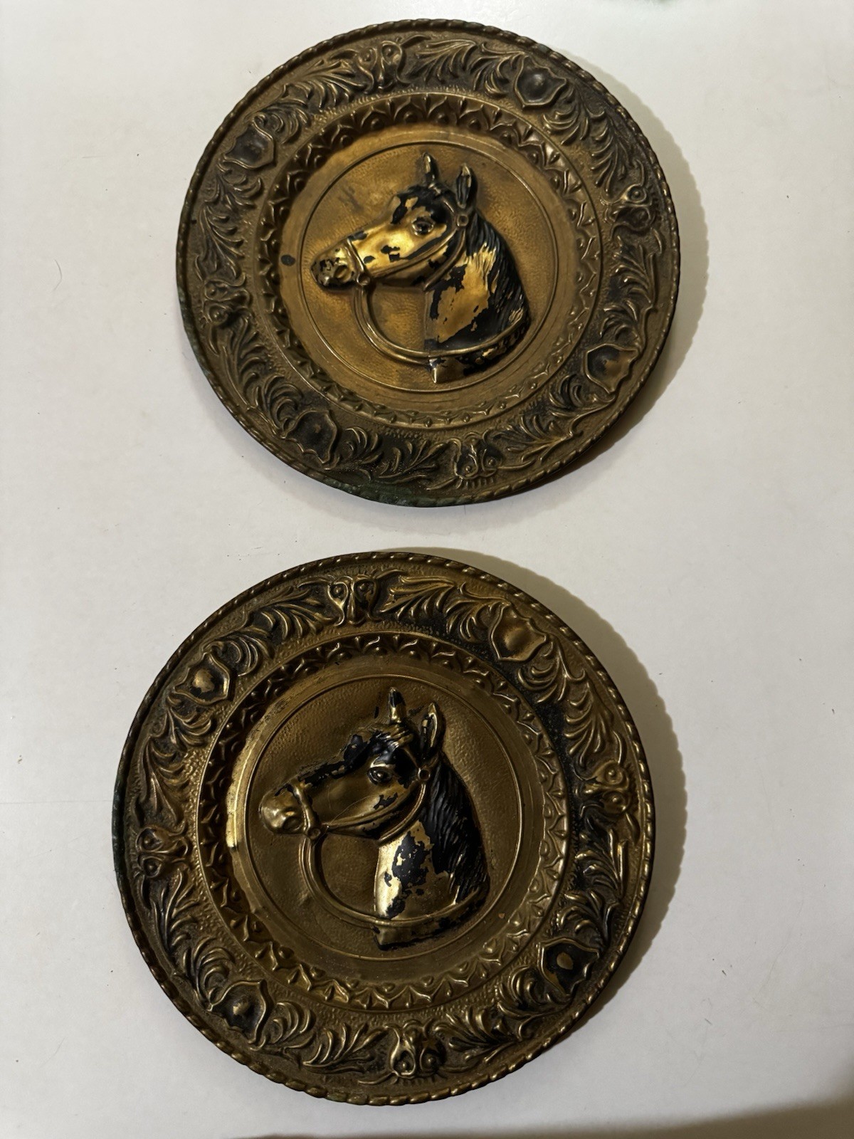 Vintage Brass Horse Plate Wall Hanging PAIR A+