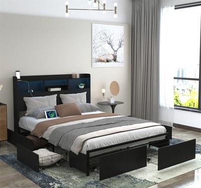 Full Size Bed Frame w/LED Storage Headboard,6 Storage Drawers & Charging Station