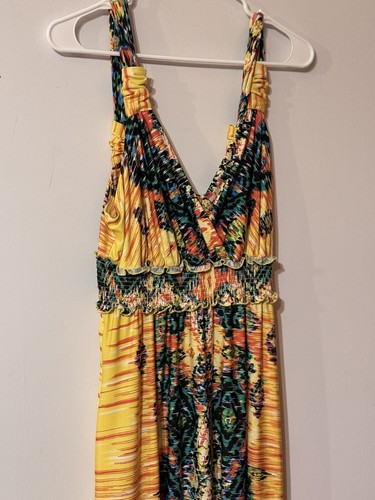 ECI Newyork Maxi Dress Women's Size Medium Colorful Yellow Deep V Long Sundress - Picture 4 of 9